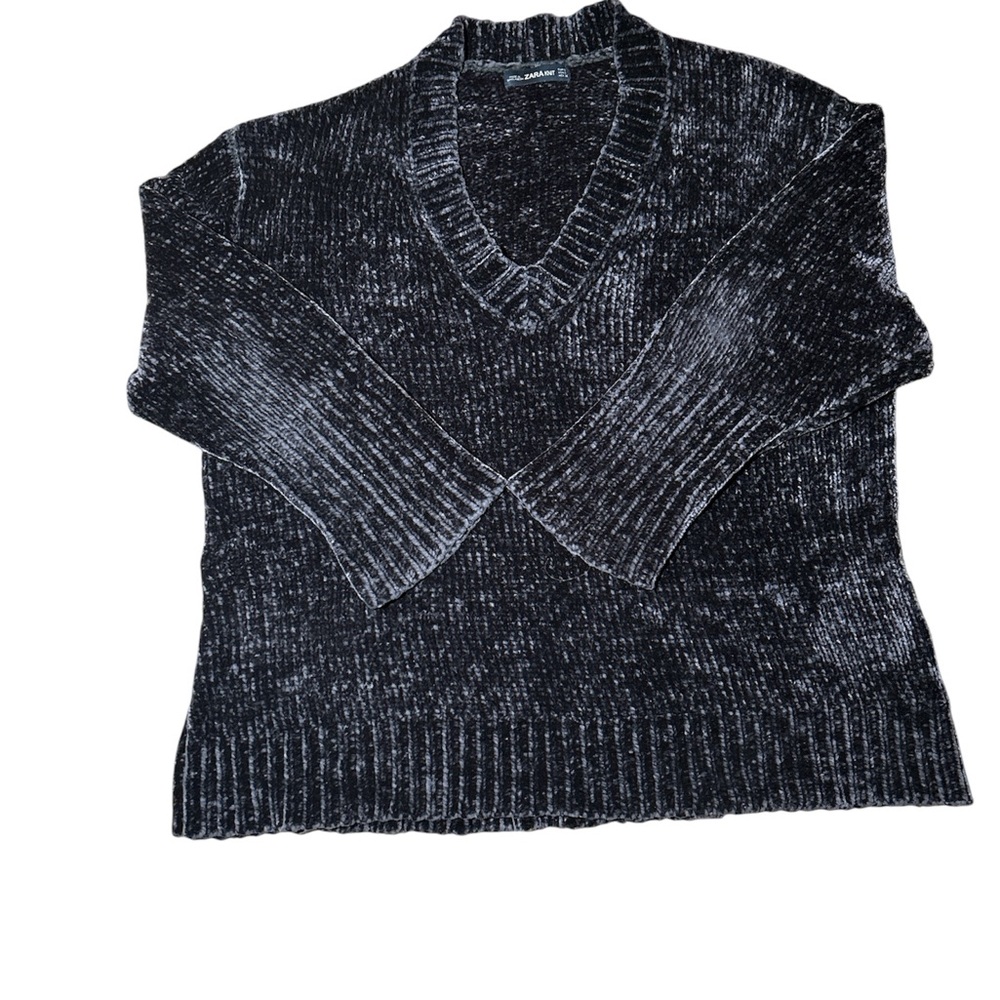 Zara Knit Women Oversized Dark Charcoal V-Neck Sweater Small Cozy